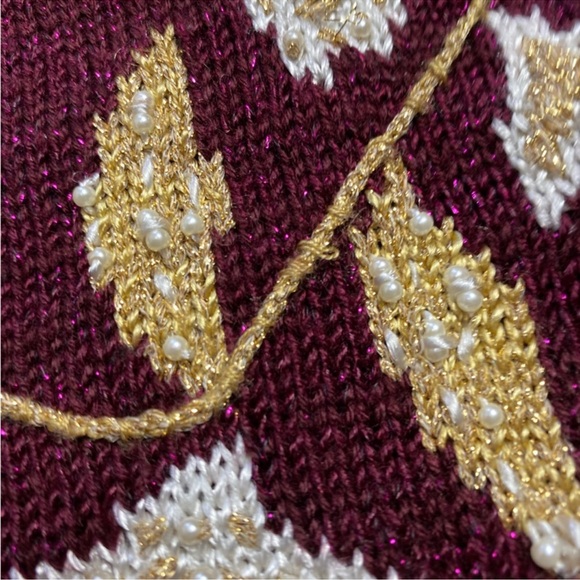 Vintage Metallic Knit Sweater Vest Floral Beaded Plum Purple Gold Trim M/L - Picture 6 of 12